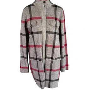 ANNE KLEIN Sweater Jacket Coat Plaid Woman’s Size Large Zip Pockets Long Shacket